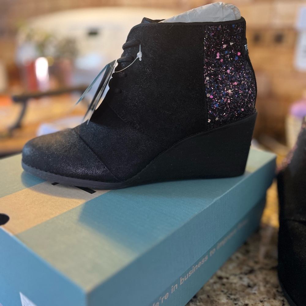 Toms Black and Purple Ankle Booties with Glitter Heel